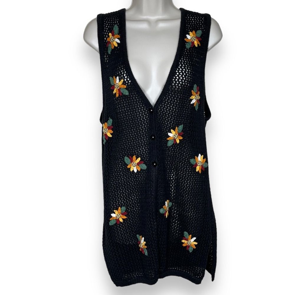 Vintage Capacity Open Weave Black Knit Embroidered Long Line Vest Women Large